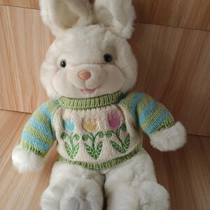 VTG Dan Dee Rabbit Tulip Chunky Sweater Plush White Easter Bunny Embroidered